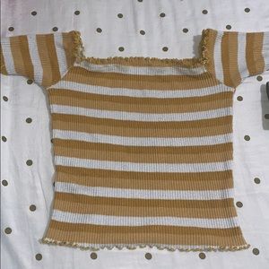 Yellow and white top. Off the shoulder